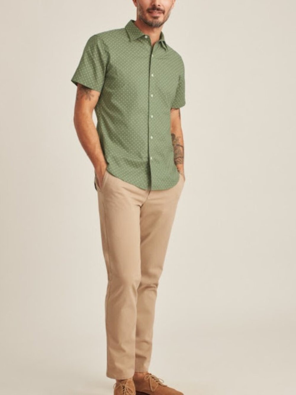 Bonobos Stretch Riviera Short Sleeve Shirt - Long L in Olive Dot, Tailored Fit